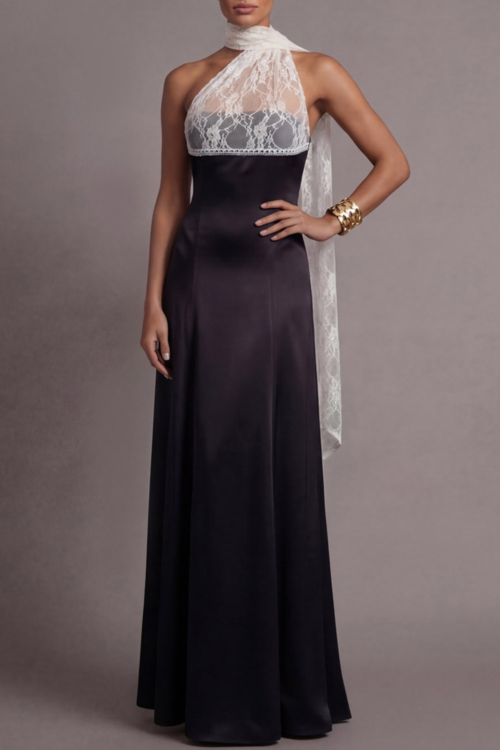 Black Formal Dress A-Line Halter Satin Maxi Dress with Scarf