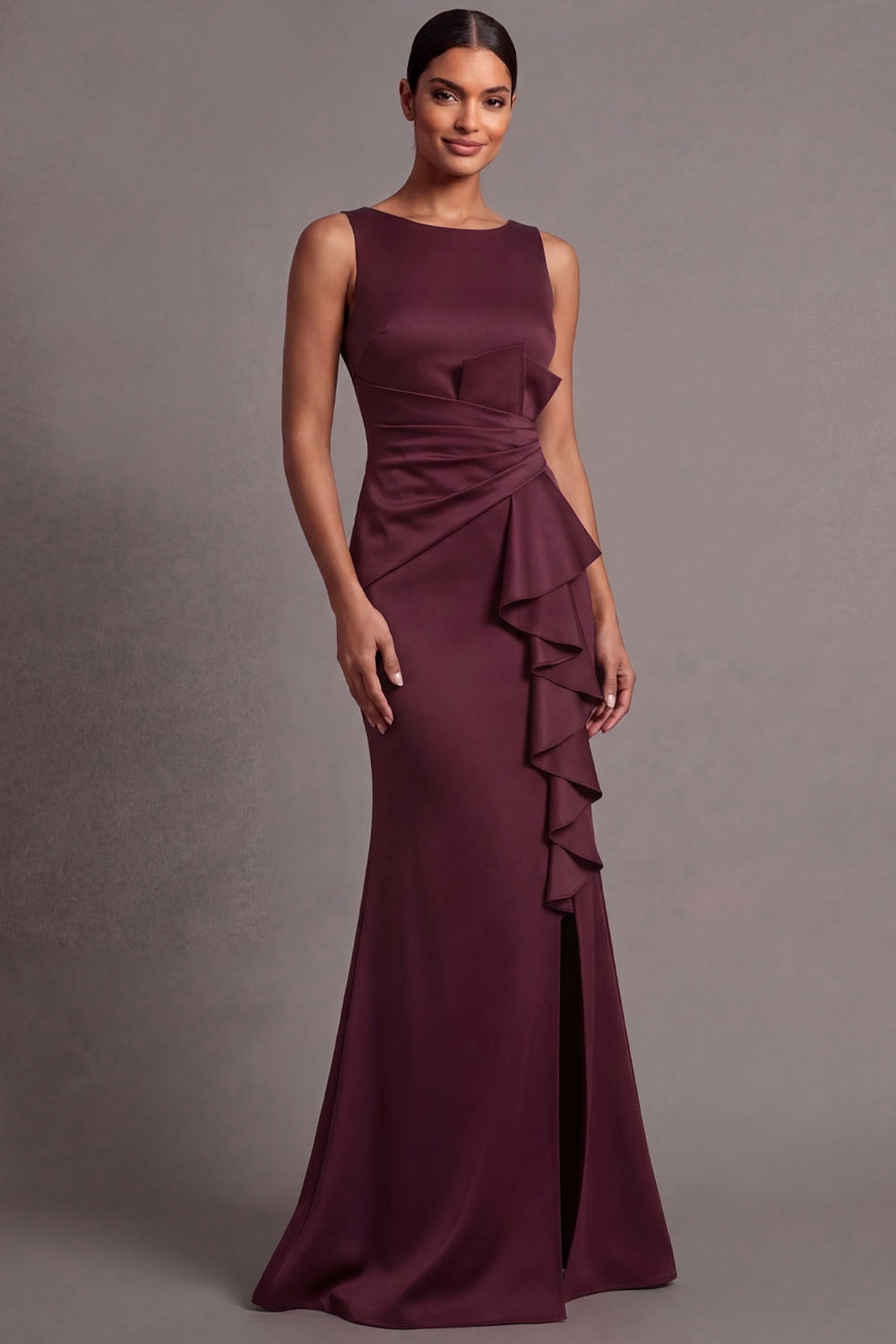 Burgundy Formal Dress Mermaid Crew Neck Ruffled Maxi Dress with Slit