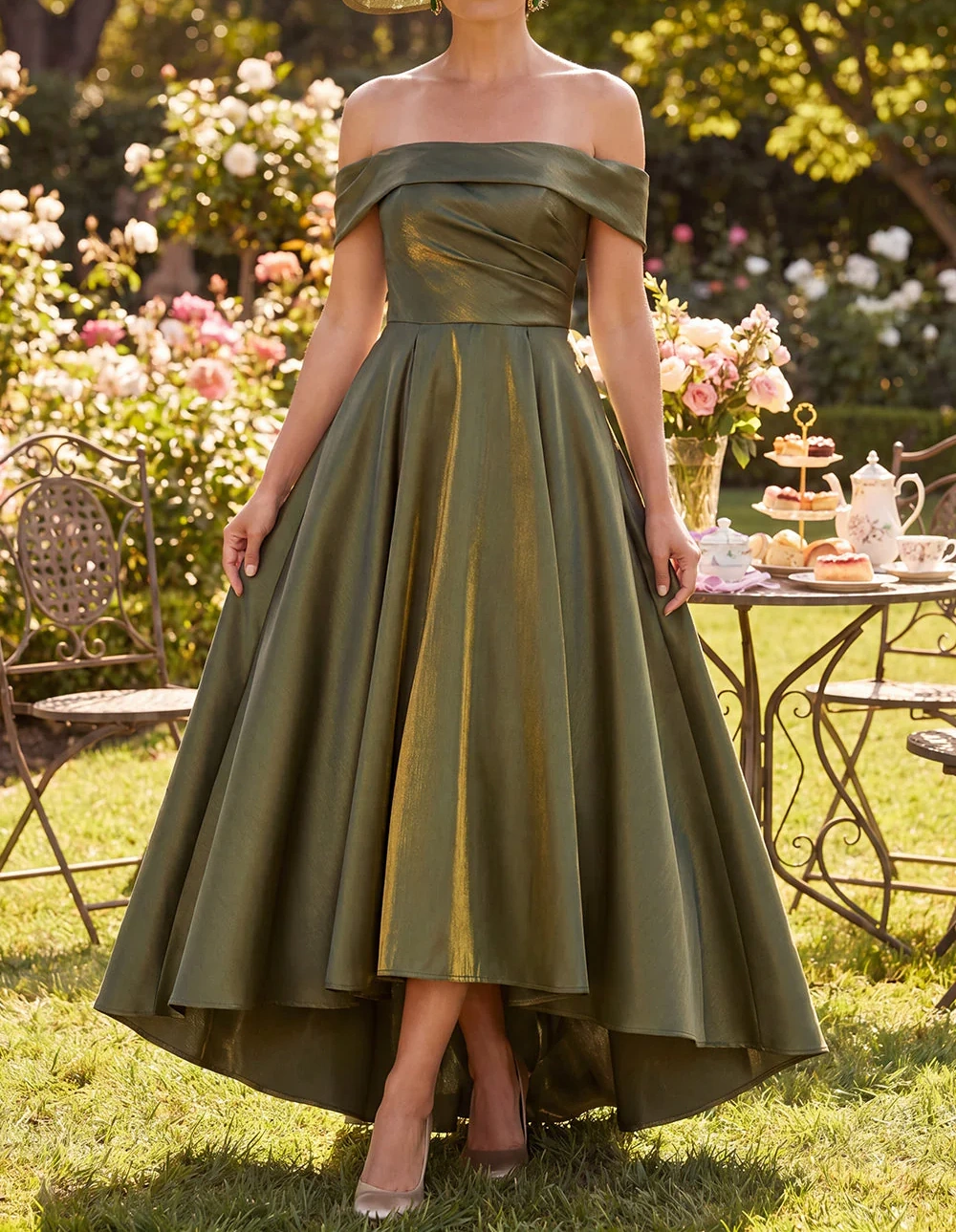 Glitter Olive A Line Ruched Off the Shoulder Long Mother of the Bride Dress