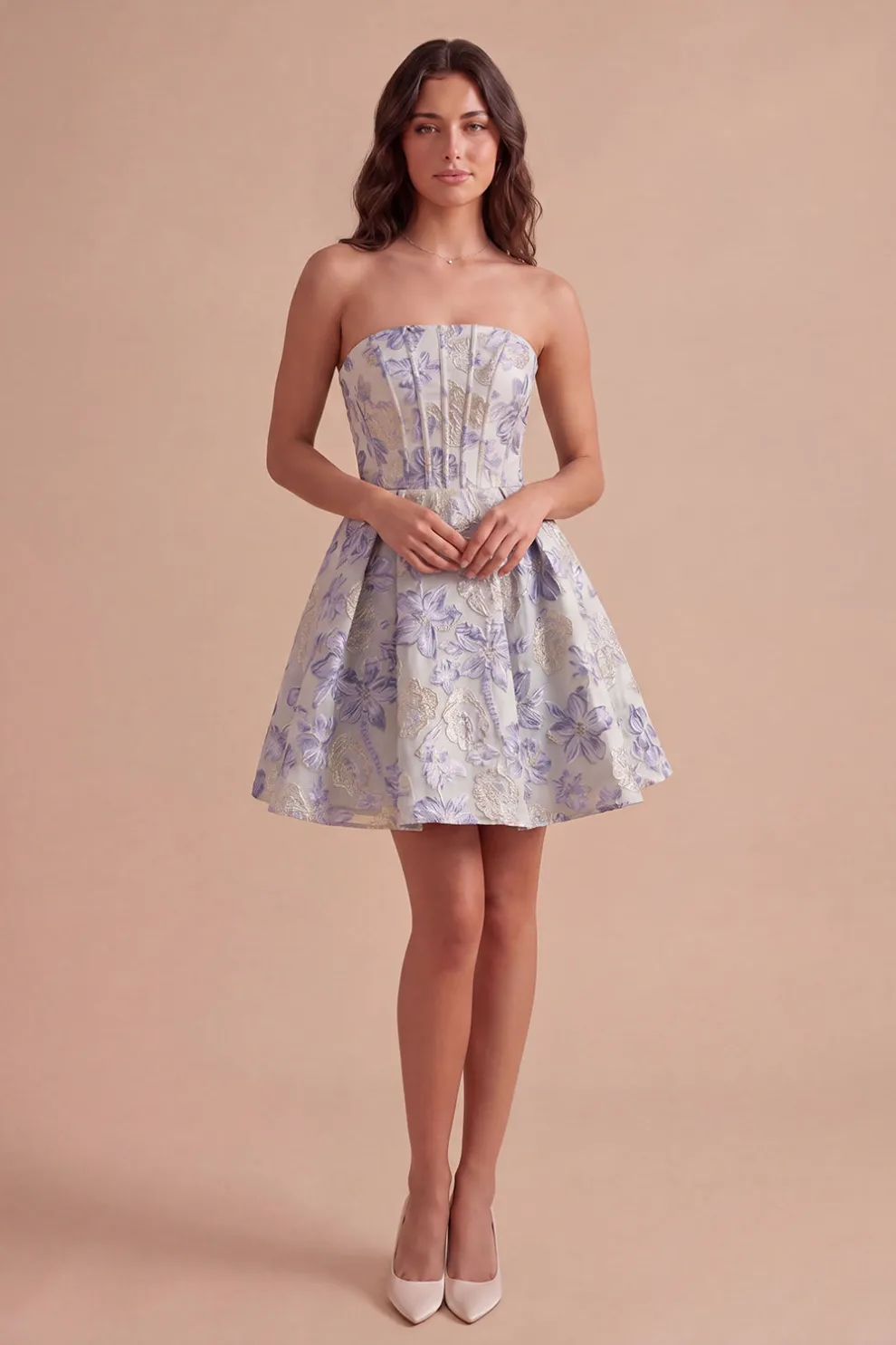 A Line Jacquard Dusty Blue Floral Short Homecoming Dress