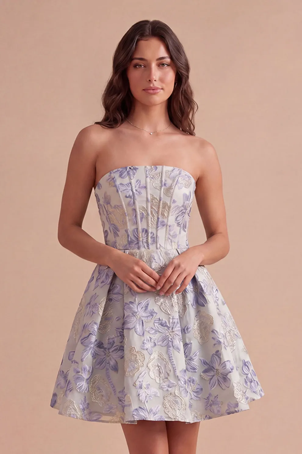 A Line Jacquard Dusty Blue Floral Short Homecoming Dress