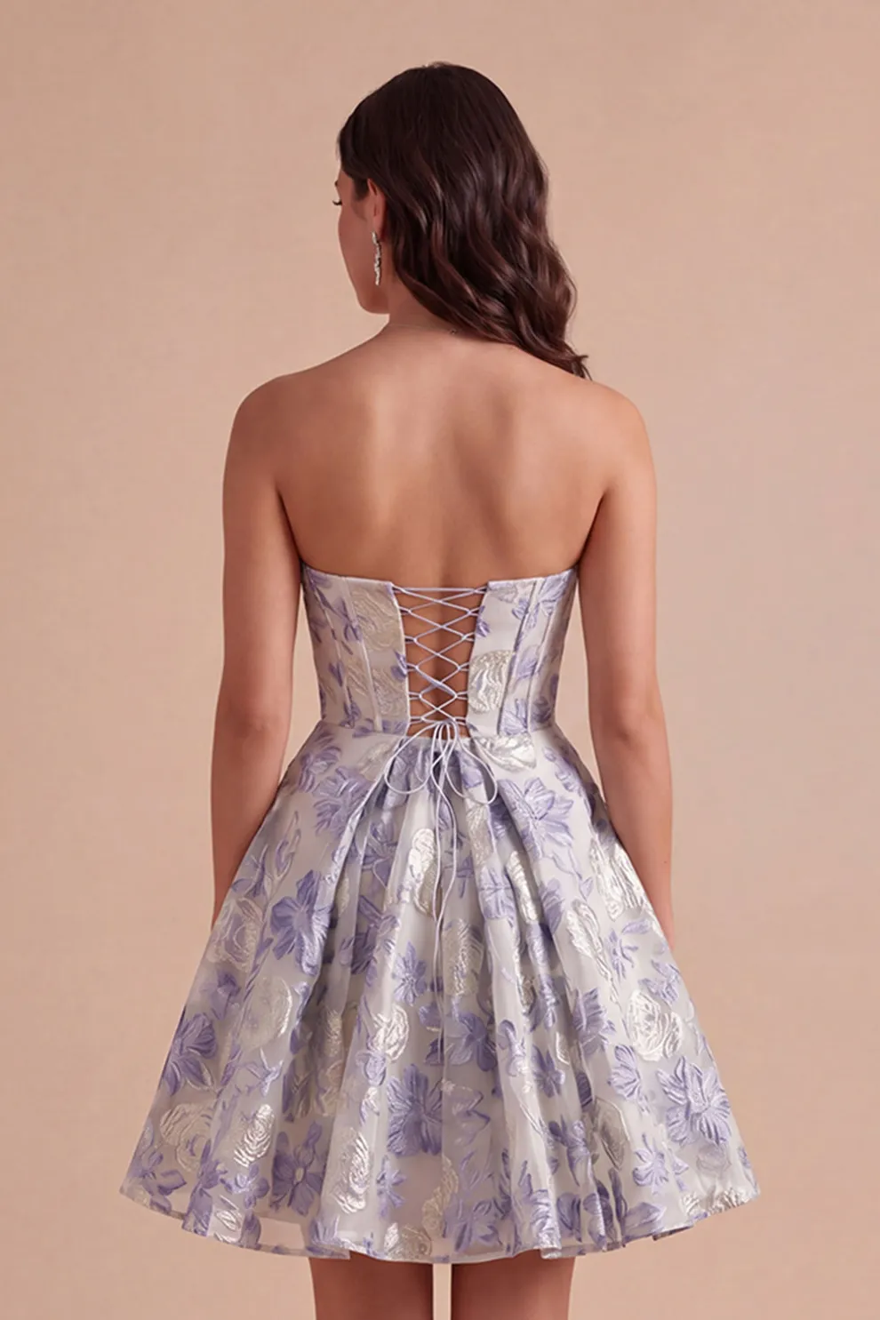A Line Jacquard Dusty Blue Floral Short Homecoming Dress