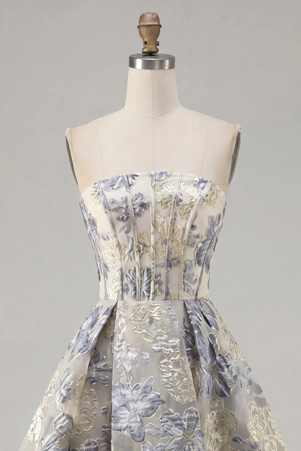 A Line Jacquard Dusty Blue Floral Short Homecoming Dress