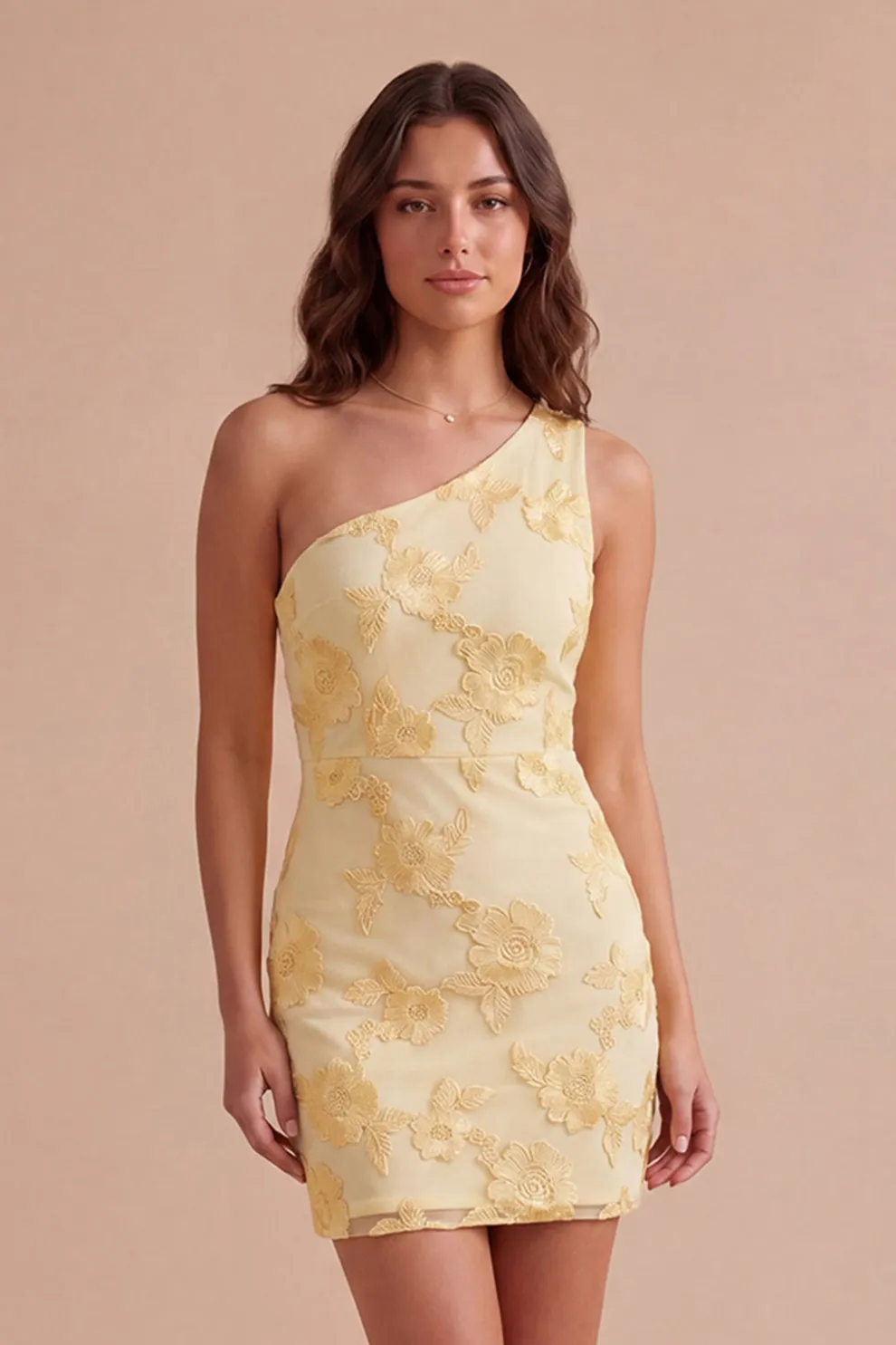 Yellow Floral Bodycon One Shoulder Short Homecoming Dress