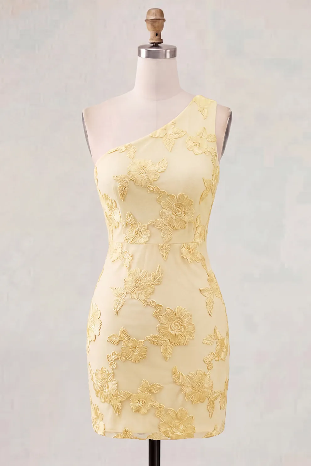 Yellow Floral Bodycon One Shoulder Short Homecoming Dress