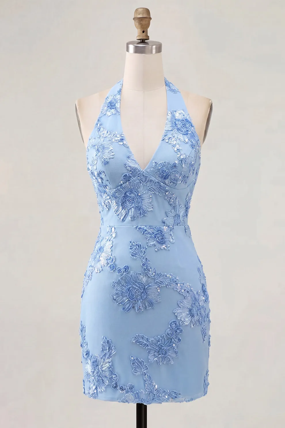 Light Blue Floral Bodycon Halter Neck Short Homecoming Dress