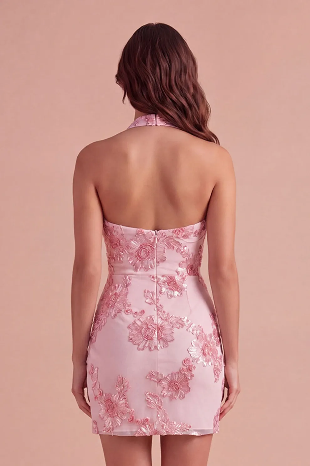 Light Blue Floral Bodycon Halter Neck Short Homecoming Dress