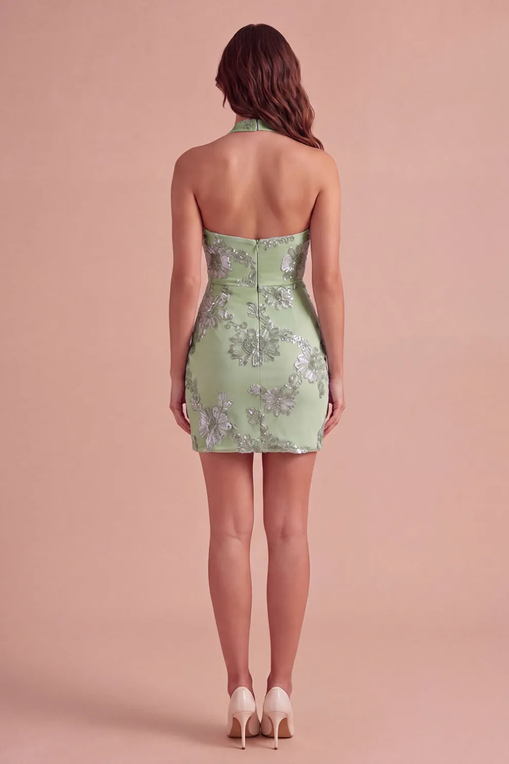 Light Blue Floral Bodycon Halter Neck Short Homecoming Dress