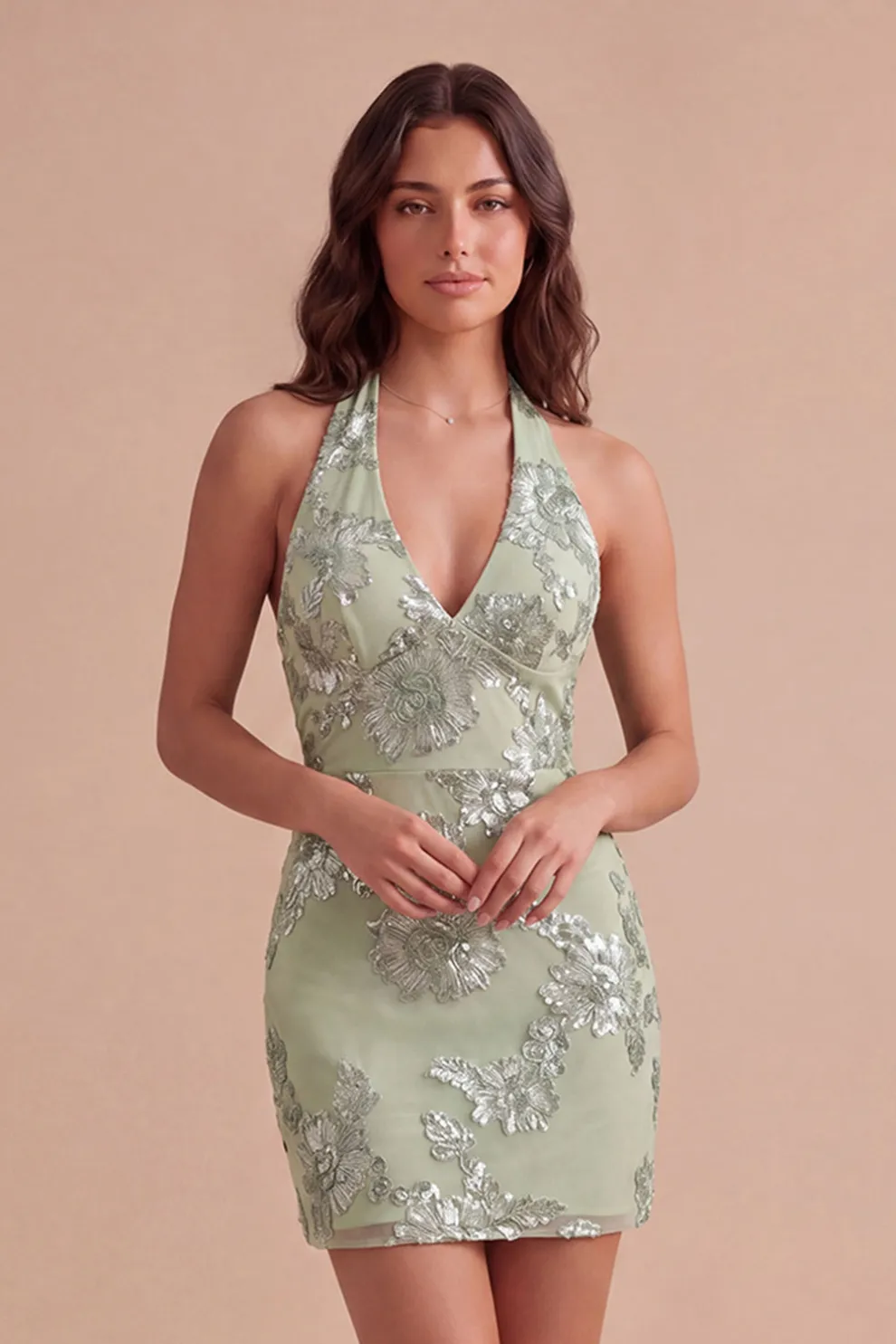 Light Blue Floral Bodycon Halter Neck Short Homecoming Dress