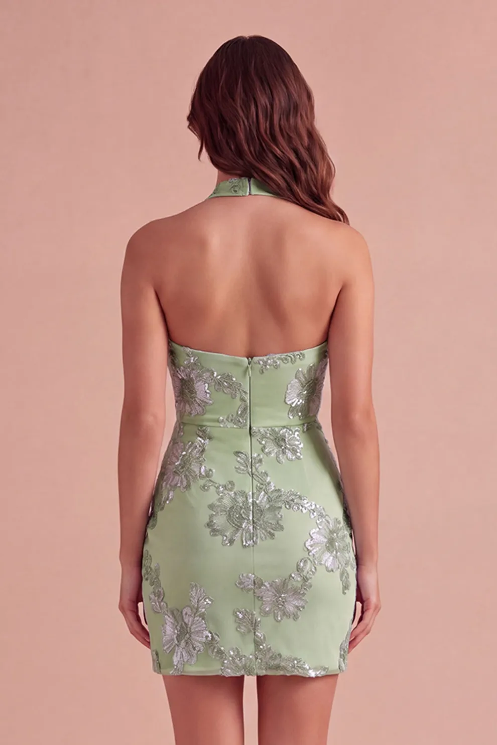 Light Blue Floral Bodycon Halter Neck Short Homecoming Dress