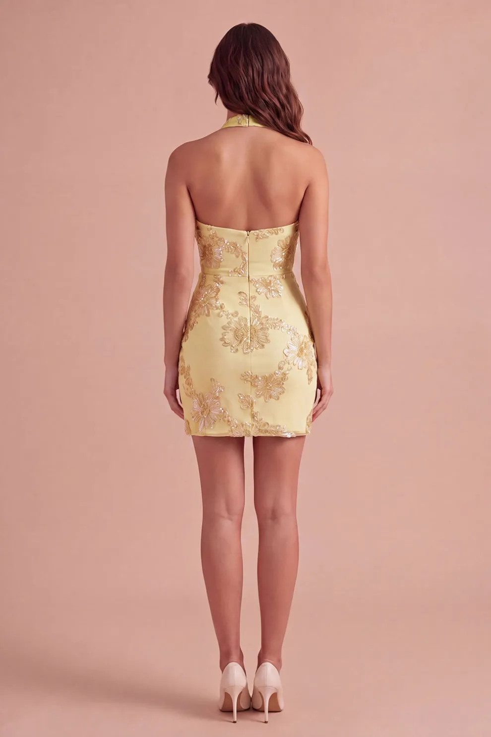 Light Blue Floral Bodycon Halter Neck Short Homecoming Dress