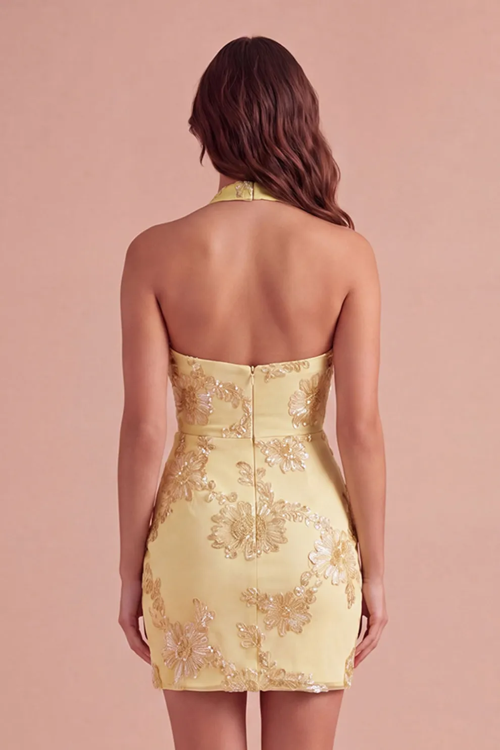 Light Blue Floral Bodycon Halter Neck Short Homecoming Dress