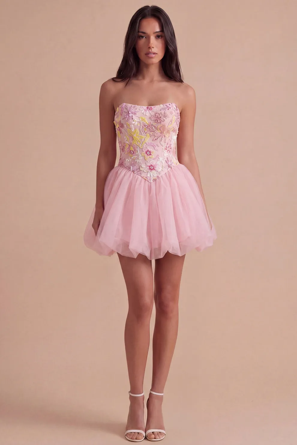 A Line Floral Appliqued Pink High Waist Short Homecoming Dress