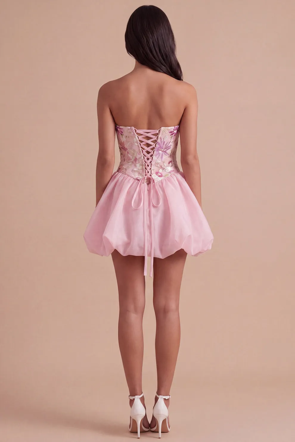 A Line Floral Appliqued Pink High Waist Short Homecoming Dress