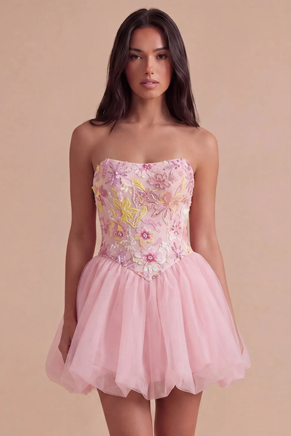 A Line Floral Appliqued Pink High Waist Short Homecoming Dress