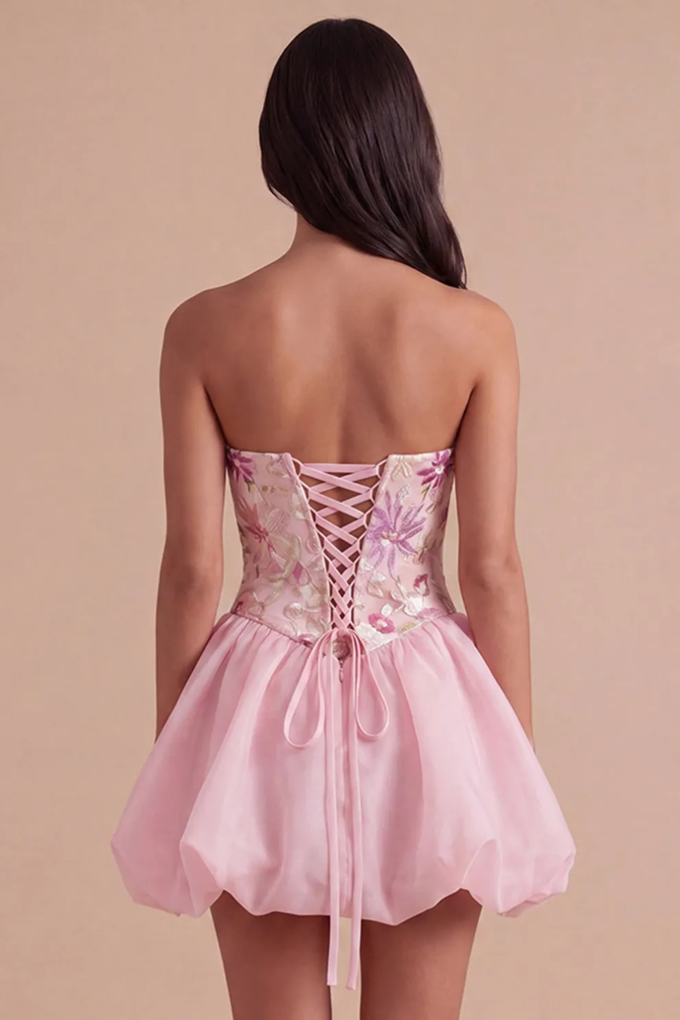 A Line Floral Appliqued Pink High Waist Short Homecoming Dress