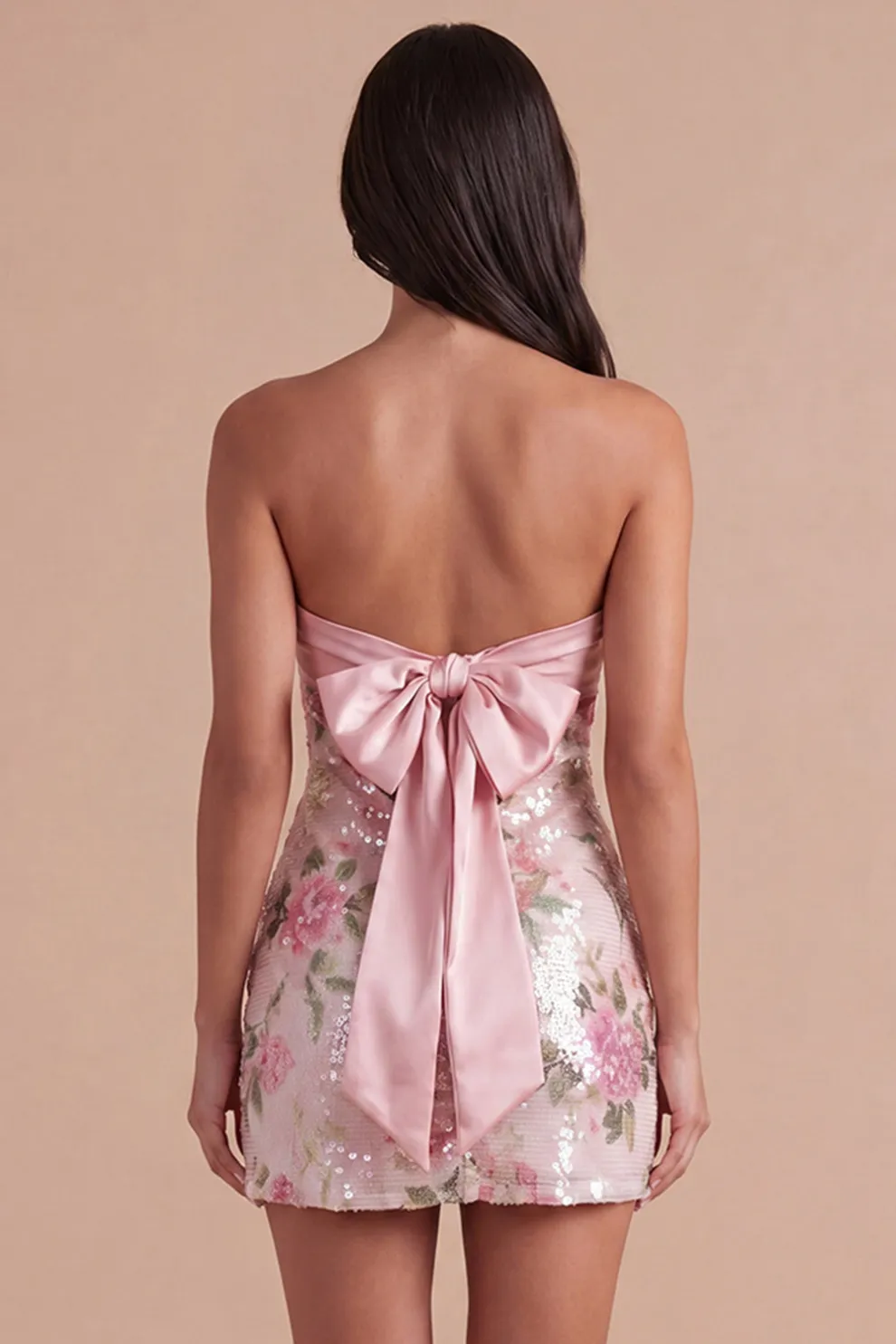 Light Pink Floral Bodycon Sparkly Sequined Short Homecoming Dress