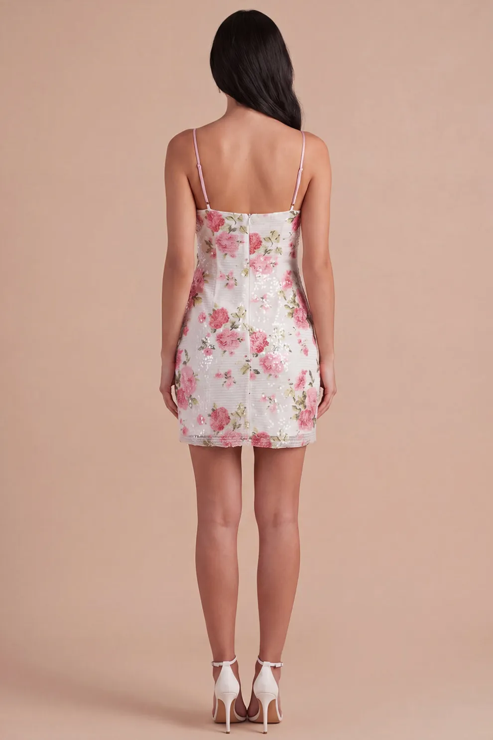 Light Pink Floral Spaghetti Straps Sequined Short Homecoming Dress with Bow