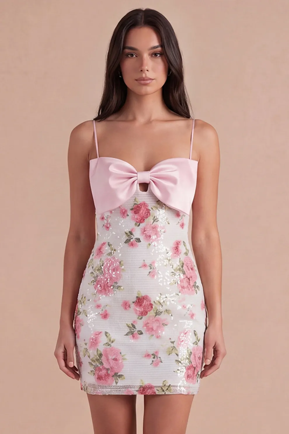 Light Pink Floral Spaghetti Straps Sequined Short Homecoming Dress with Bow