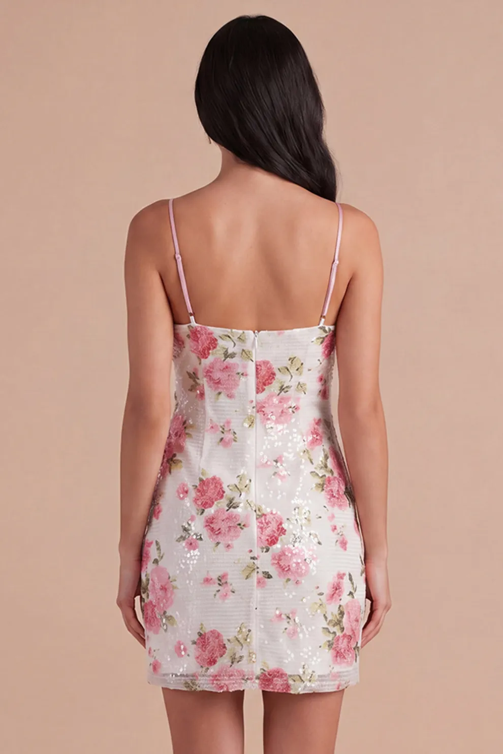 Light Pink Floral Spaghetti Straps Sequined Short Homecoming Dress with Bow