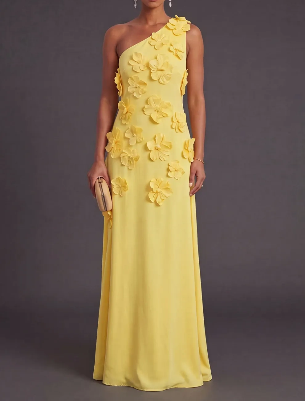 Yellow Floral One Shoulder Sheath Long Formal Dress