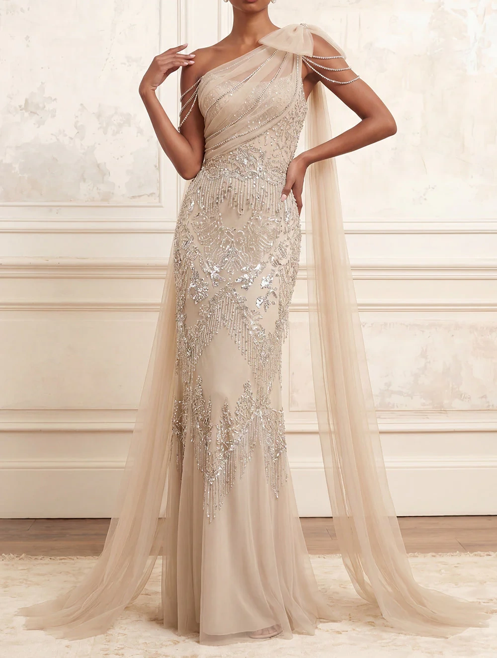 Sparkly Apricot Mermaid One Shoulder Long Beaded Formal Dress with Cape