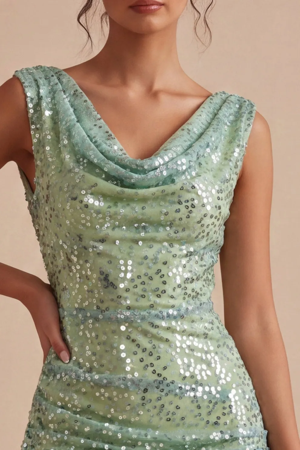 Light Green Sequined Cowl Neck Bodycon Short Homecoming Dress