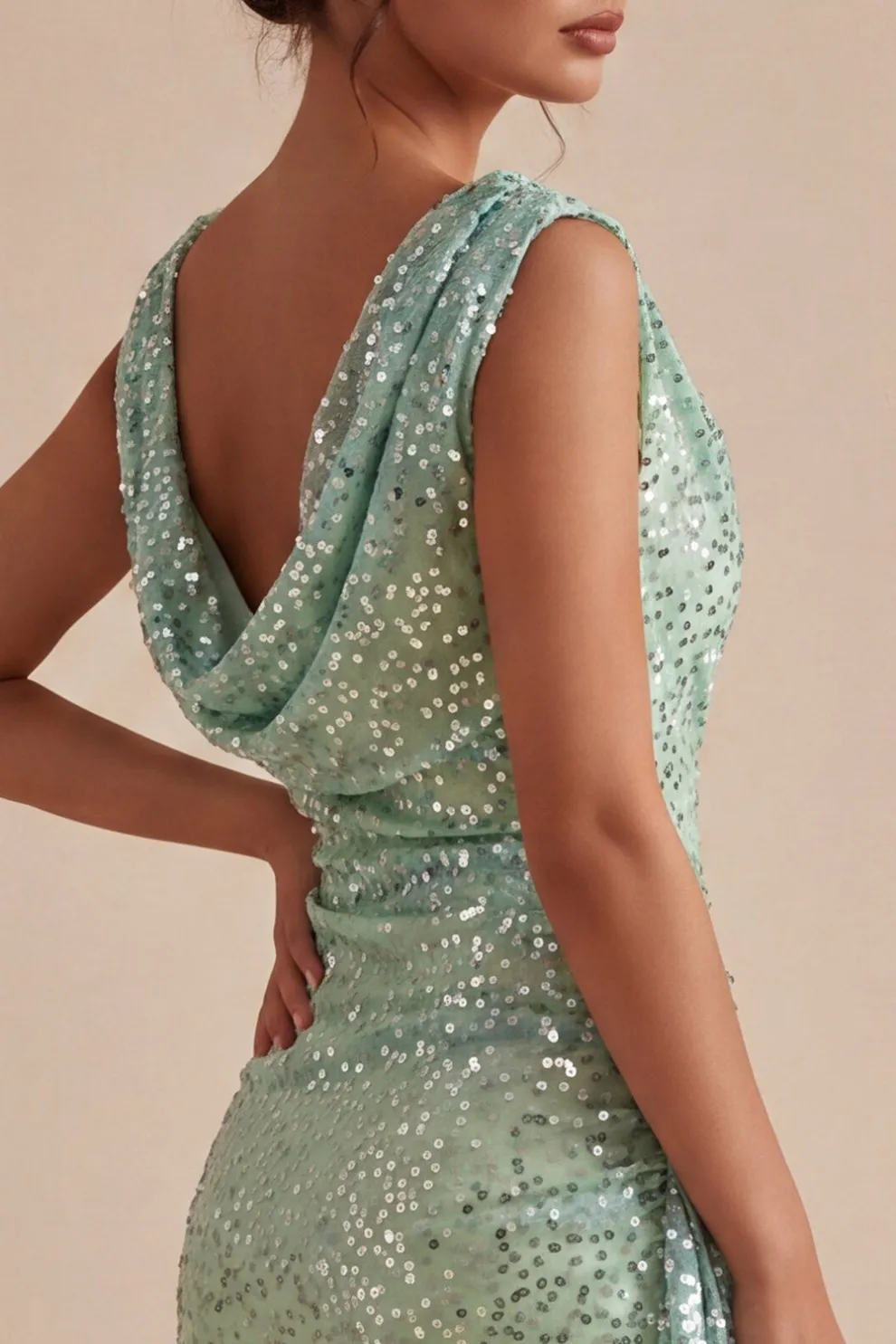 Light Green Sequined Cowl Neck Bodycon Short Homecoming Dress