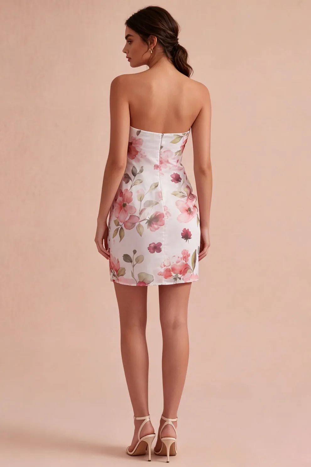 Pink Floral Ruched Strapless Short Homecoming Dress with Slit