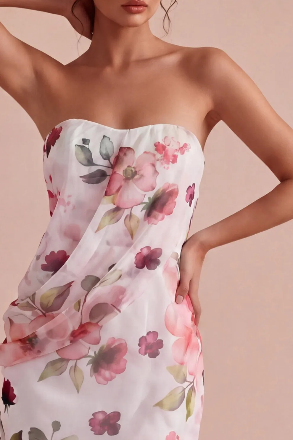 Pink Floral Ruched Strapless Short Homecoming Dress with Slit