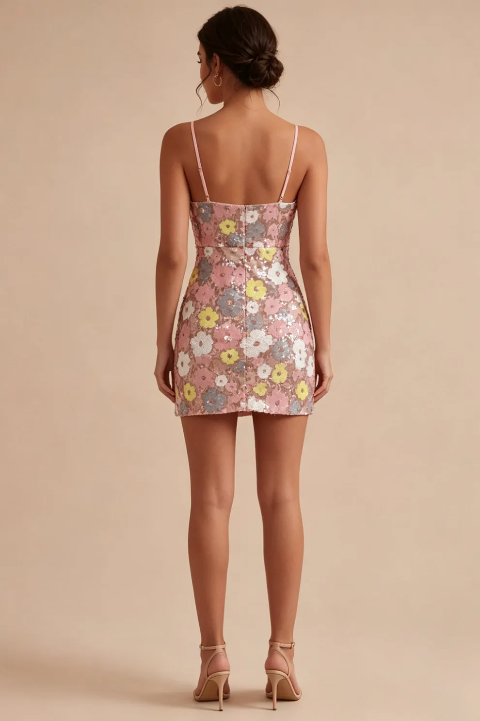 Spaghetti Straps Pink Sparkly Sequined Short Homecoming Dress