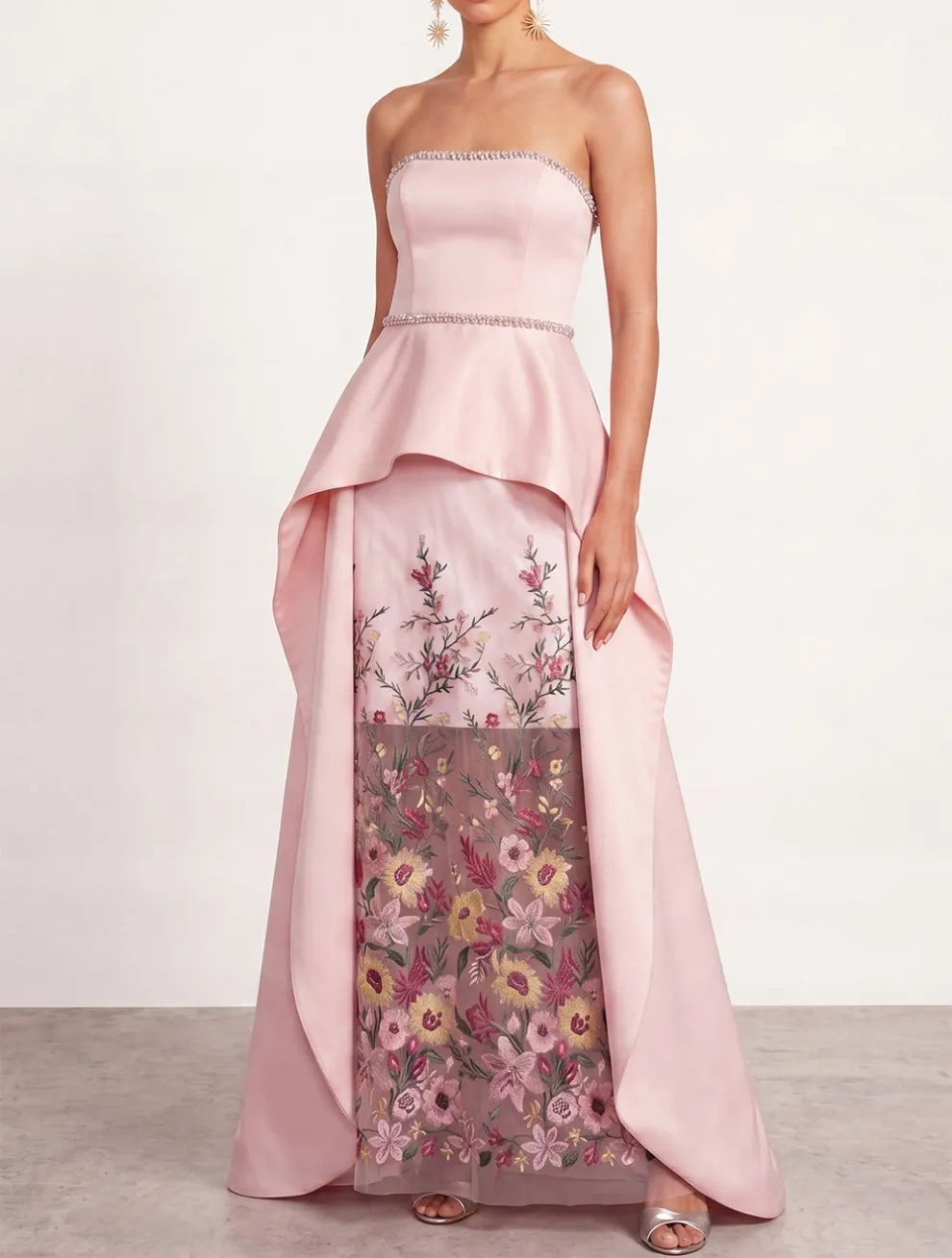 Floral Sparkly Light Pink Ruffled A Line Strapless Long Formal Dress