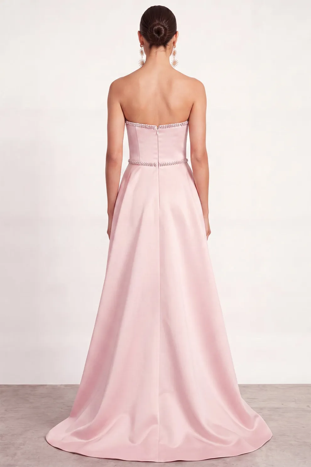 Floral Sparkly Light Pink Ruffled A Line Strapless Long Formal Dress