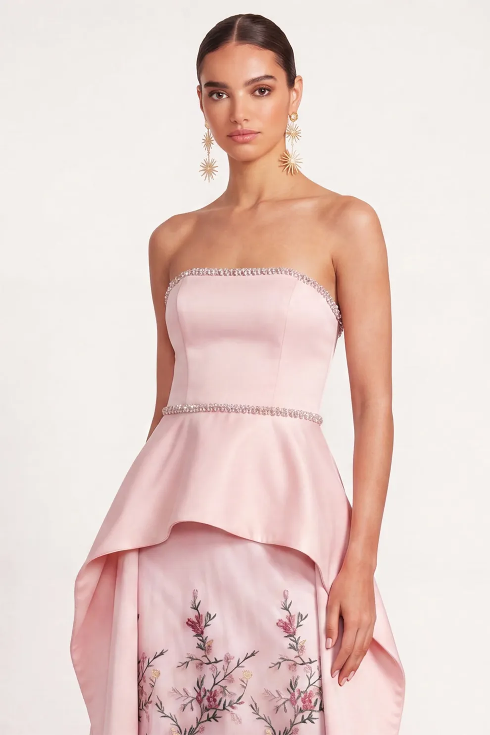 Floral Sparkly Light Pink Ruffled A Line Strapless Long Formal Dress