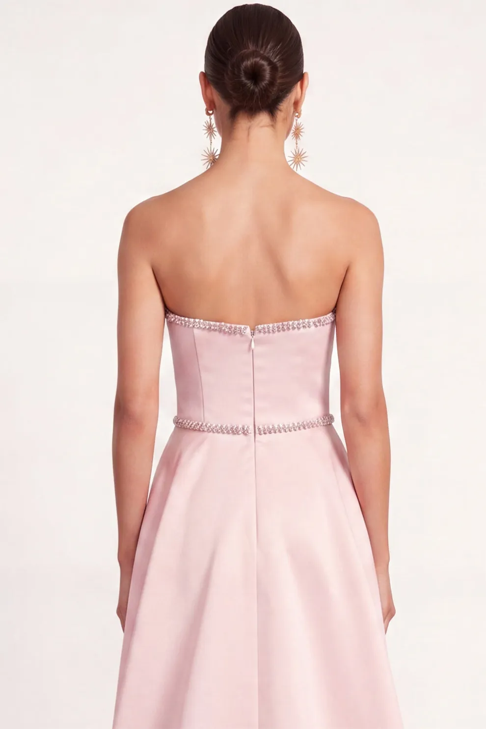 Floral Sparkly Light Pink Ruffled A Line Strapless Long Formal Dress