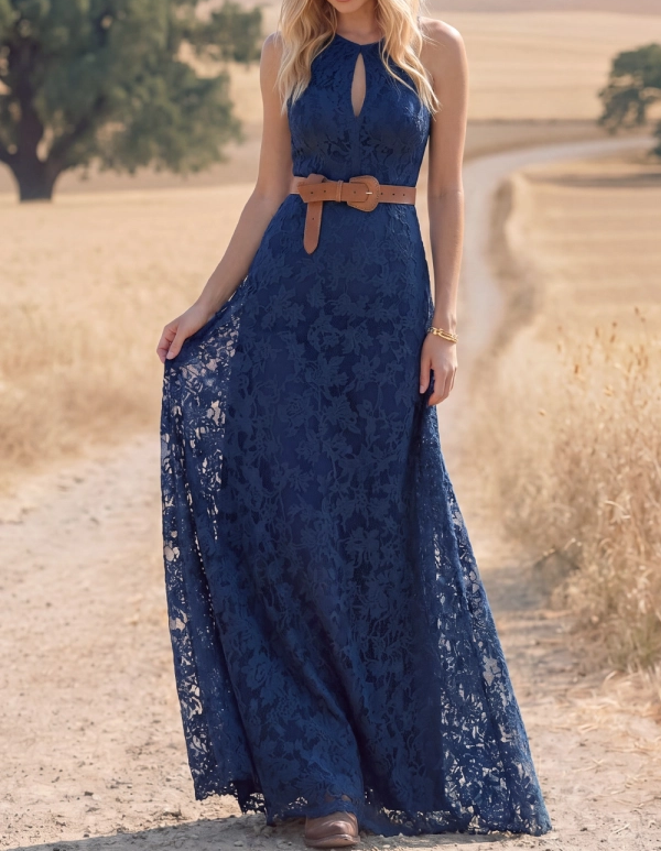 Navy Boho Dress A-Line Keyhole Sleeveless Lace Maxi Dress