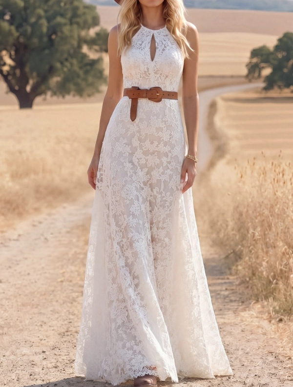 Navy Boho Dress A-Line Keyhole Sleeveless Lace Maxi Dress