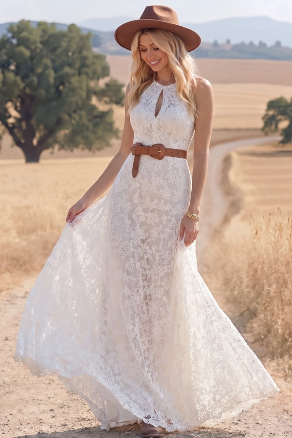 Navy Boho Dress A-Line Keyhole Sleeveless Lace Maxi Dress
