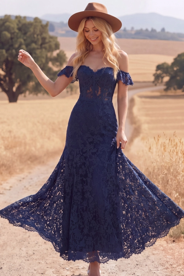 Navy Boho Dress Off the Shoulder Corset Lace Maxi Dress