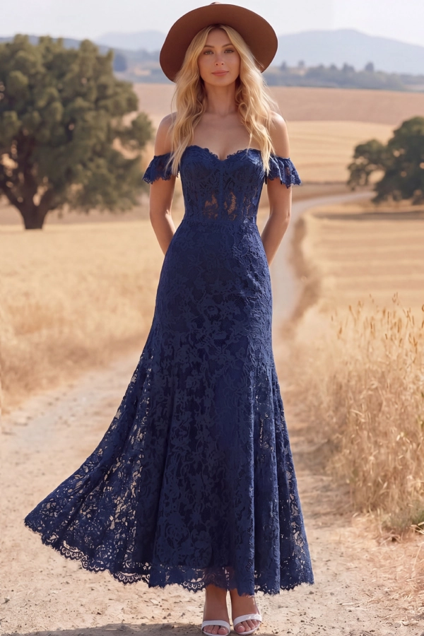 Navy Boho Dress Off the Shoulder Corset Lace Maxi Dress