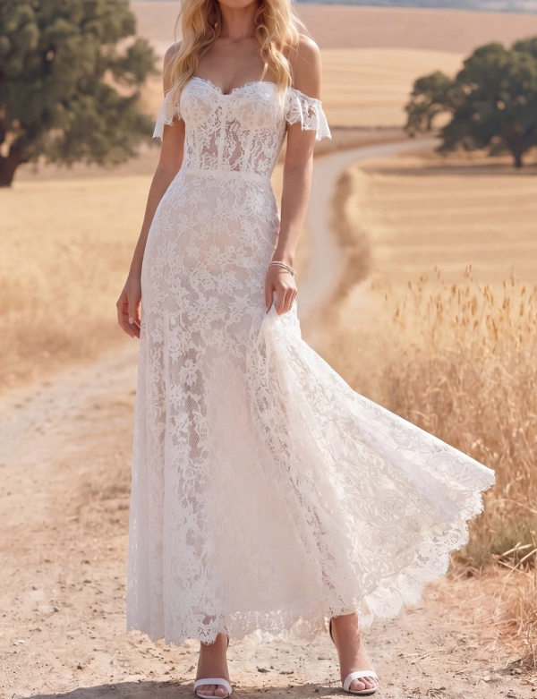 Navy Boho Dress Off the Shoulder Corset Lace Maxi Dress