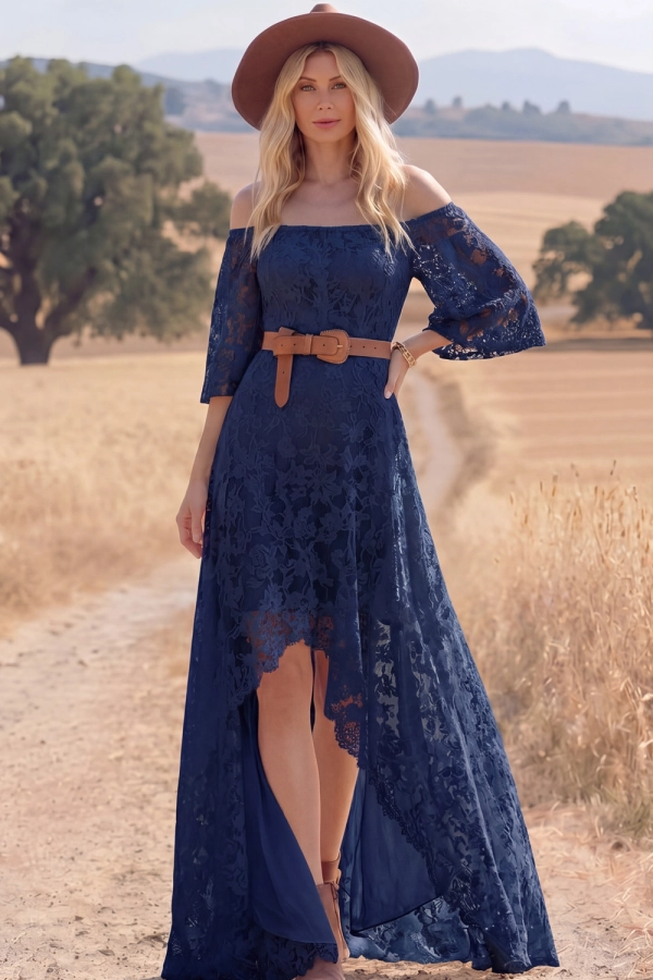 White Boho Dress Off the Shoulder Half Sleeve Lace High-Low Dress
