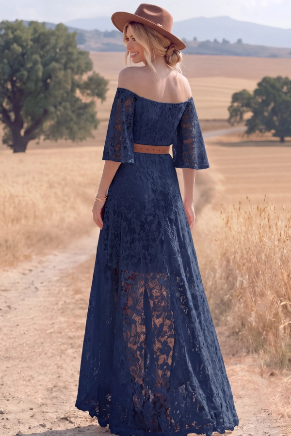 White Boho Dress Off the Shoulder Half Sleeve Lace High-Low Dress