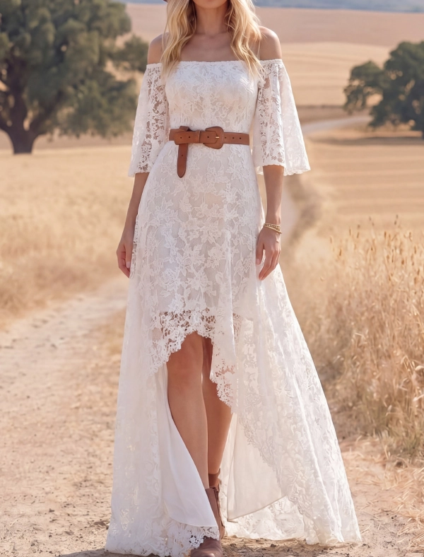 White Boho Dress Off the Shoulder Half Sleeve Lace High-Low Dress
