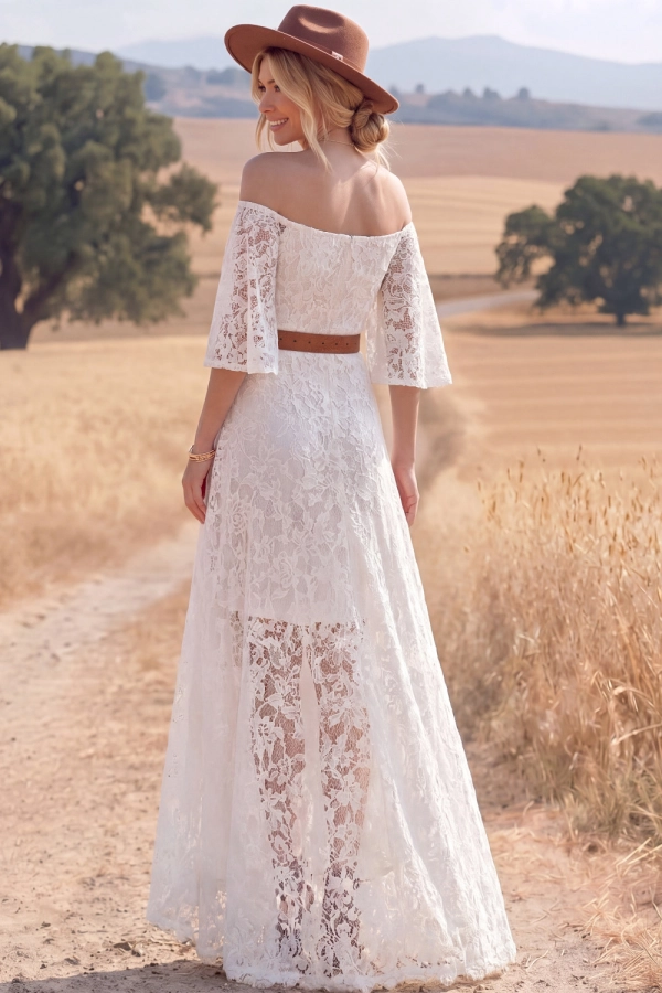 White Boho Dress Off the Shoulder Half Sleeve Lace High-Low Dress