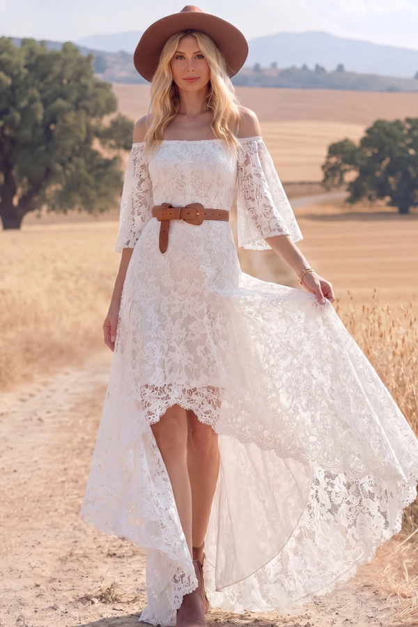 White Boho Dress Off the Shoulder Half Sleeve Lace High-Low Dress