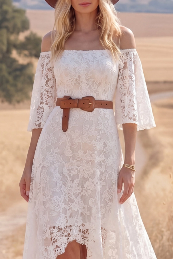White Boho Dress Off the Shoulder Half Sleeve Lace High-Low Dress