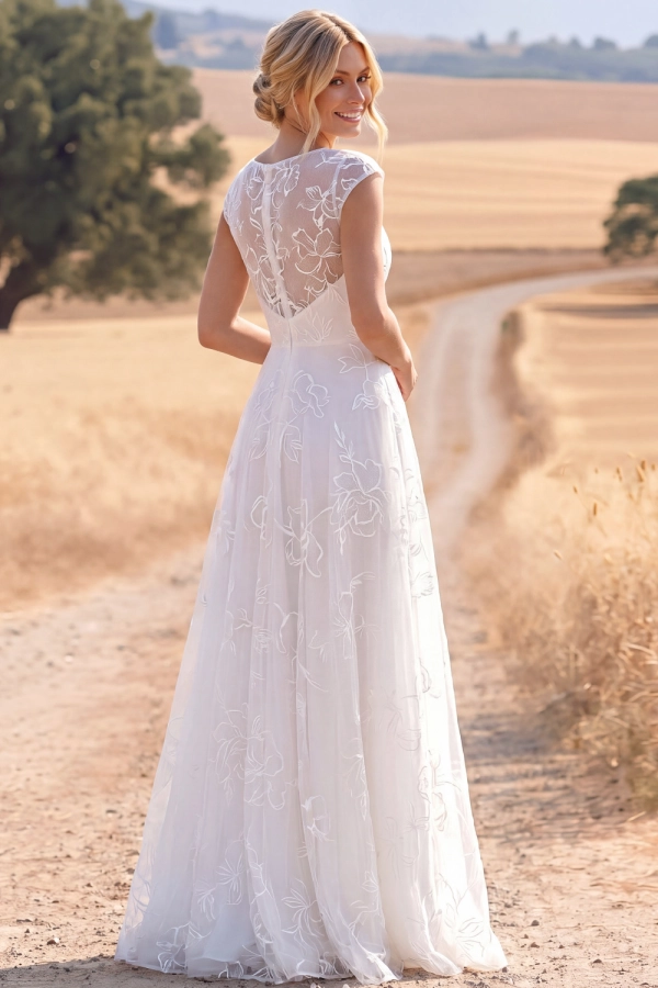 White Lace Boho Dress A-Line V-Neck Maxi Dress with Slit
