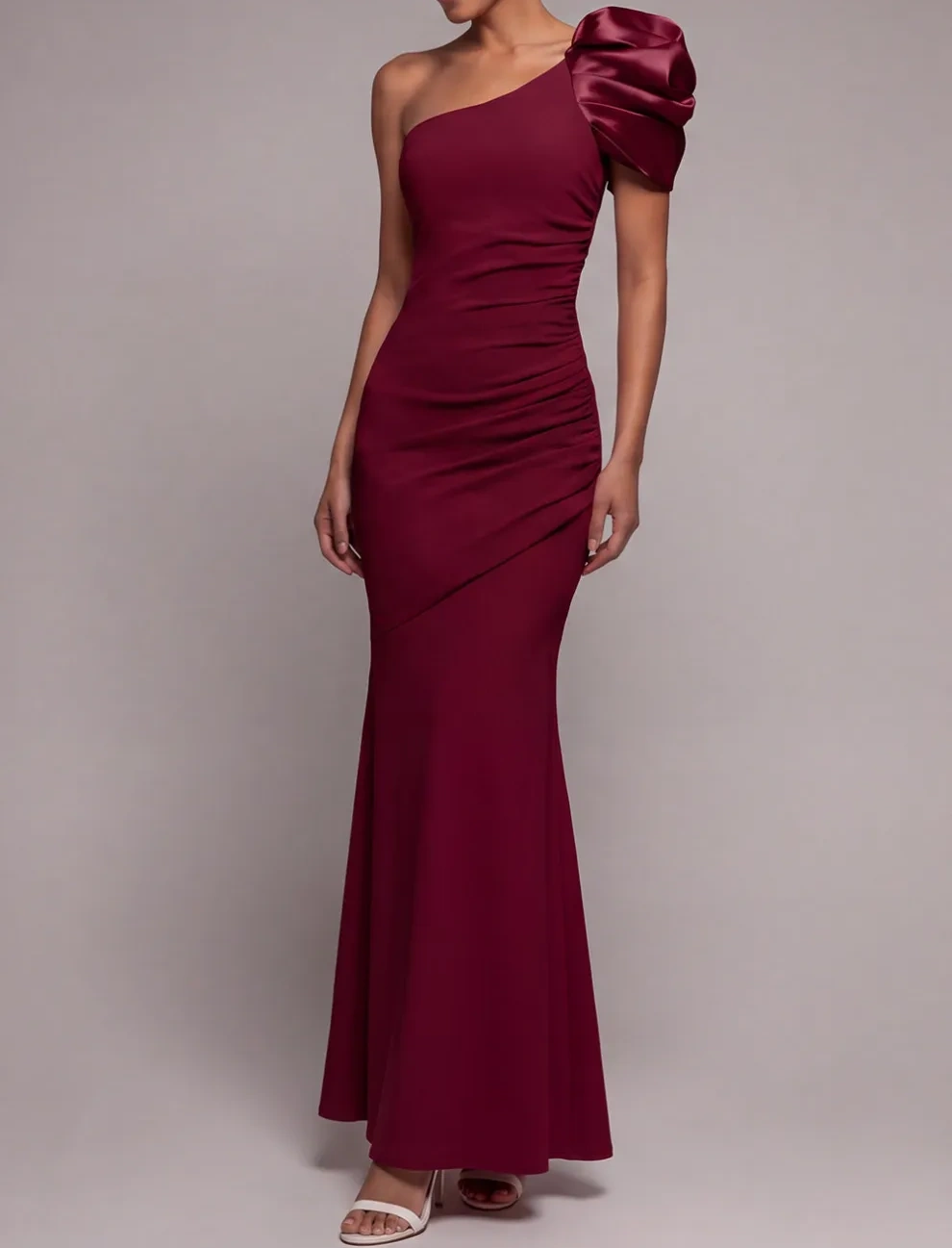One Shoulder Ruched Dusty Rose Long Formal Dress