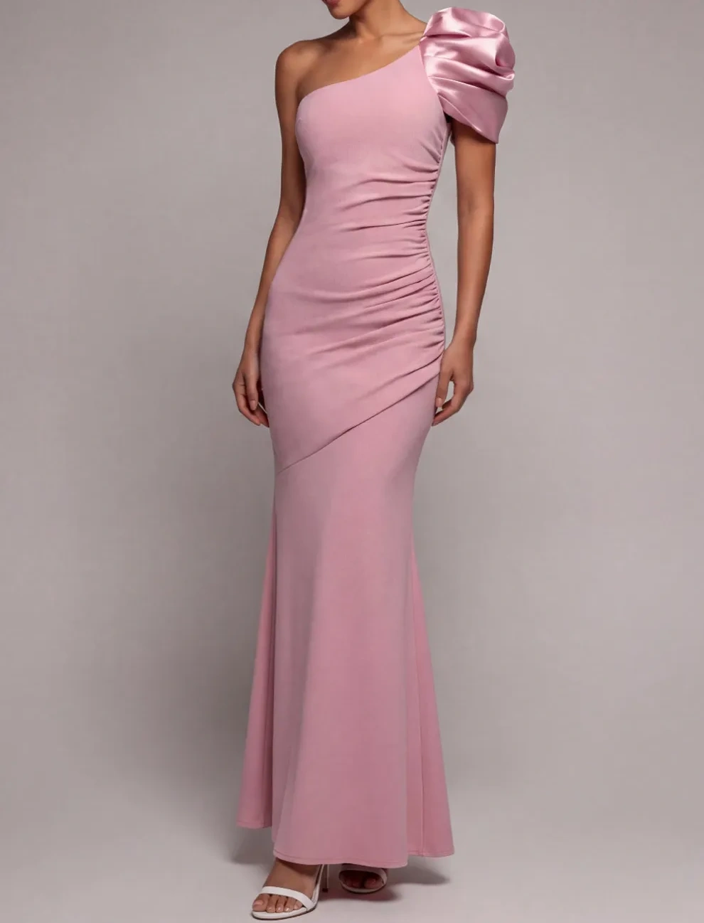 One Shoulder Ruched Dusty Rose Long Formal Dress